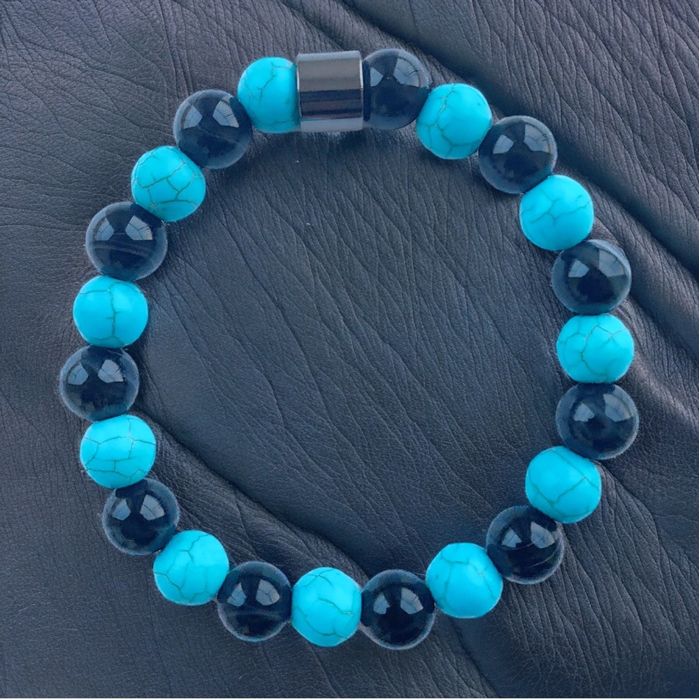 “Midnight Tide” Unisex Beaded Bracelet (Blue Howlite and Black Onyx) 10mm Beads